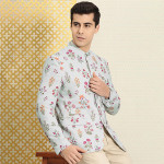 Men Grey & Purple Floral Print Bandhgala Blazer