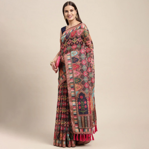 https://www.fashionrise.in/products/peach-coloured-multicoloured-kalamkari-sequinned-linen-blend-block-print-saree